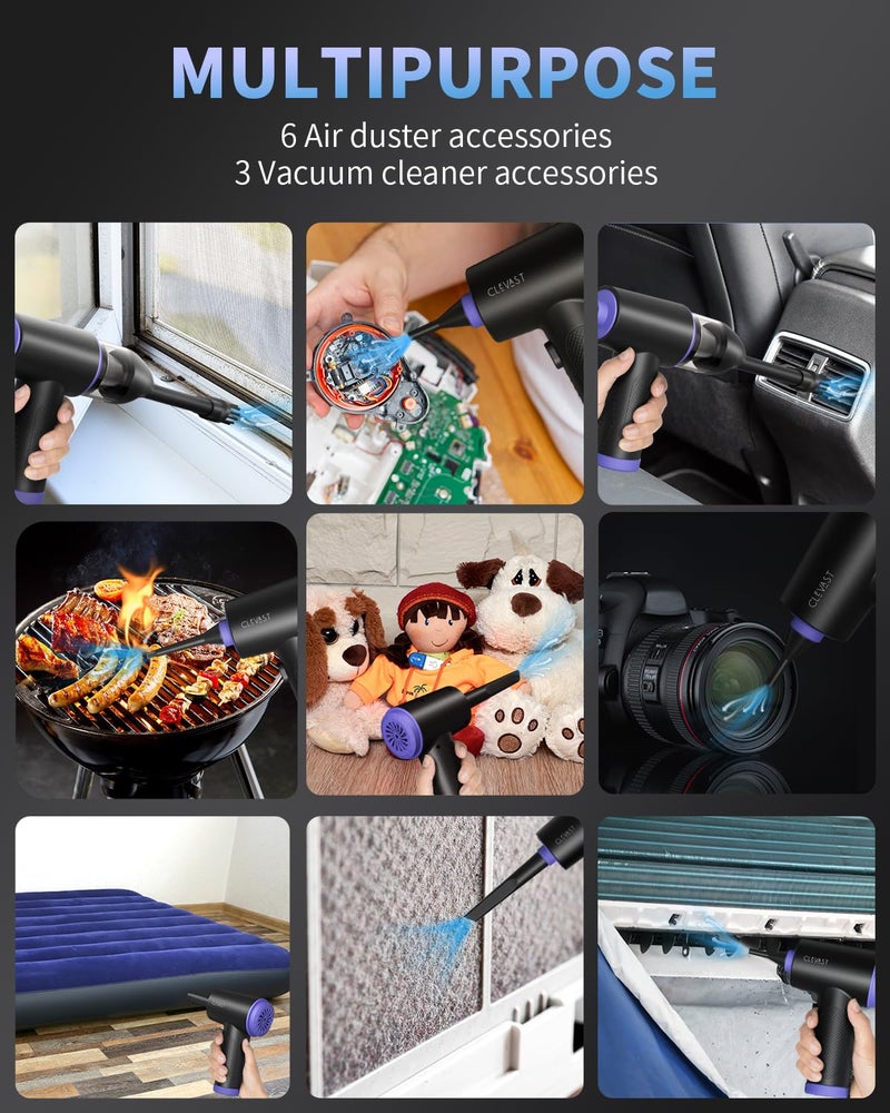 CLEVAST Compressed Air Duster - 3 Gear 110000RPM Electric Air Duster, 3 in 1 Versatile with LED - Cordless Dust Blower & Mini Vacuum & Inflating for PC, Computer, Keyboard, Rechargeable Canned Air - Image 5