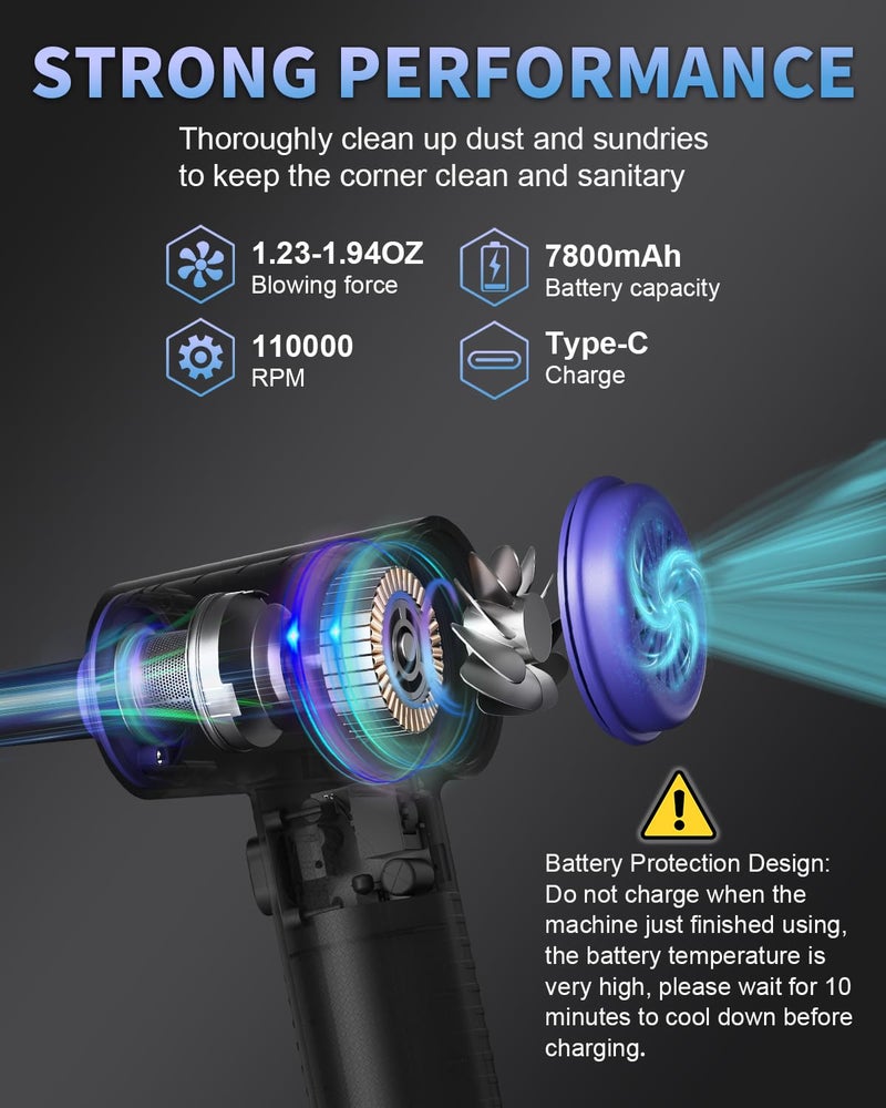CLEVAST Compressed Air Duster - 3 Gear 110000RPM Electric Air Duster, 3 in 1 Versatile with LED - Cordless Dust Blower & Mini Vacuum & Inflating for PC, Computer, Keyboard, Rechargeable Canned Air - Image 3