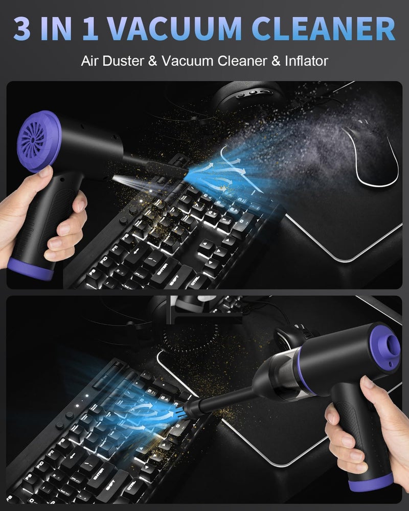 CLEVAST Compressed Air Duster - 3 Gear 110000RPM Electric Air Duster, 3 in 1 Versatile with LED - Cordless Dust Blower & Mini Vacuum & Inflating for PC, Computer, Keyboard, Rechargeable Canned Air - Image 4
