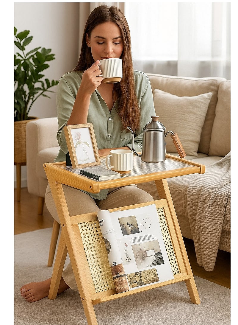 Generic 𝐅𝐅𝐃 Rattan Side Table – Mid Century Modern Nightstand, Bamboo Accent Bedside Table with Storage, Glass Coffee Table, Boho Wooden End Table for Small Spaces, Living Room & Bedroom – Eco-Friendly & Easy Assembly  - Image 1
