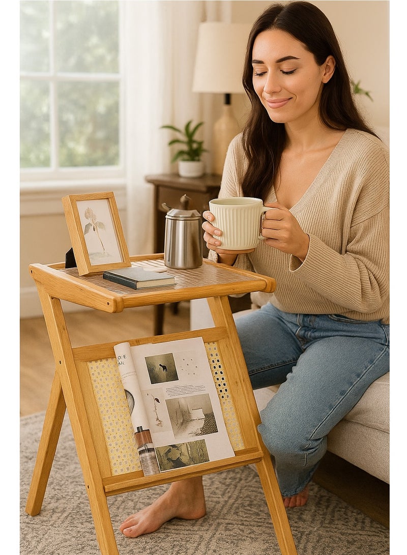 Generic 𝐅𝐅𝐃 Rattan Side Table – Mid Century Modern Nightstand, Bamboo Accent Bedside Table with Storage, Glass Coffee Table, Boho Wooden End Table for Small Spaces, Living Room & Bedroom – Eco-Friendly & Easy Assembly  - Image 2
