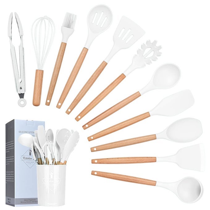 12PCS SILICONE COOKING KITCHEN UTENSILS SET WITH HOLDER NONSTICK COOKWAREHEAT RESISTANT WOODEN HANDLES COOKING TOOL BPA FREE NON TOXIC TONGS SPATULA SPOON KITCHEN GADGETS SET WHITE