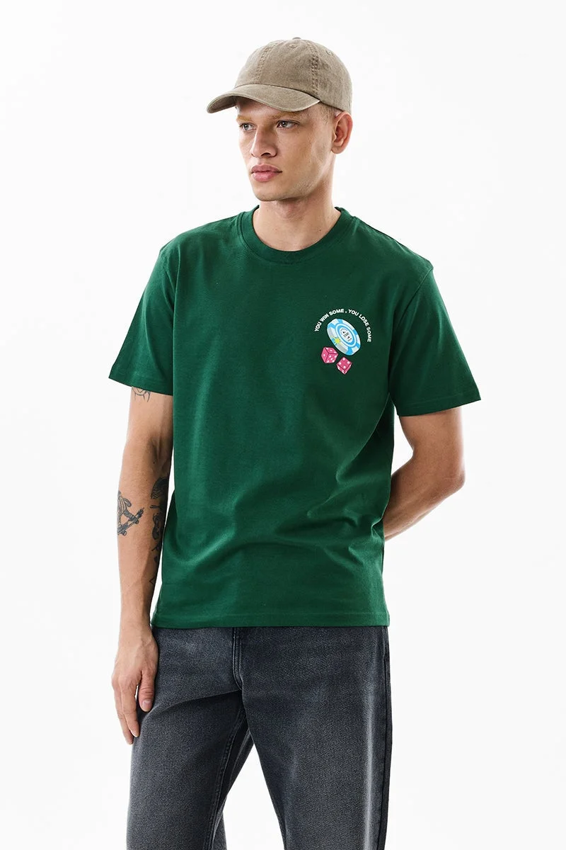 سنيتش Dark Green Graphic Half Sleeve Slim Fit T-Shirt