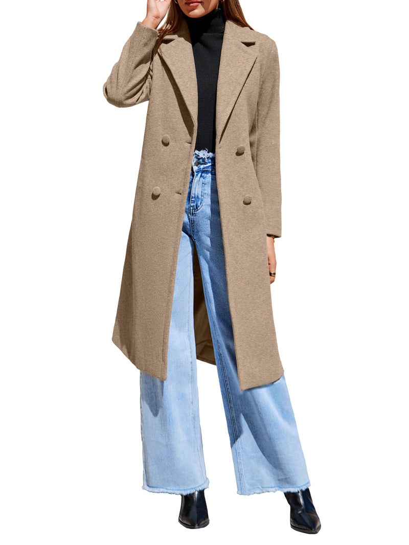 Simplee Women's Winter Lapel Collar Pea Coat Double Breasted Long Dressy Warm Overcoat Trench PeaCoat Khaki M - Image 1