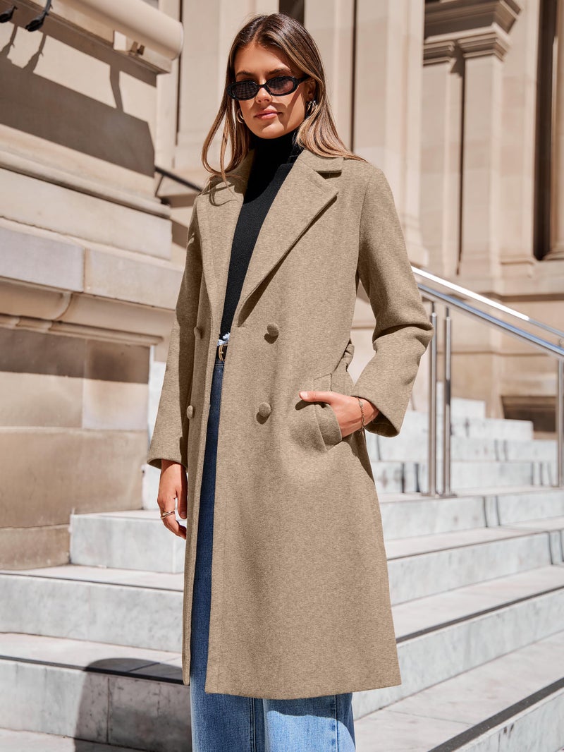 Simplee Women's Winter Lapel Collar Pea Coat Double Breasted Long Dressy Warm Overcoat Trench PeaCoat Khaki M - Image 4