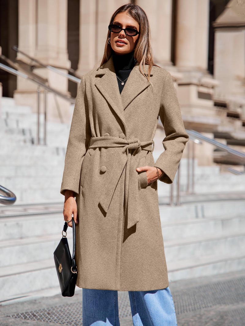 Simplee Women's Winter Lapel Collar Pea Coat Double Breasted Long Dressy Warm Overcoat Trench PeaCoat Khaki M - Image 2
