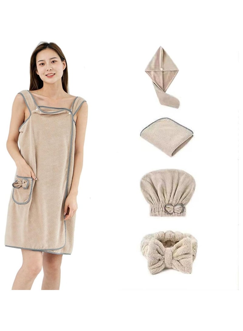 Soofam Wearable Bath Towel,Set of 5,Wrap Cozy Coral Fleece Highly Water Absorbent, Can Wear Adult Sling Bath Skirt,Soft Coral Fleece Bath Towel (Khaki)  - Image 1