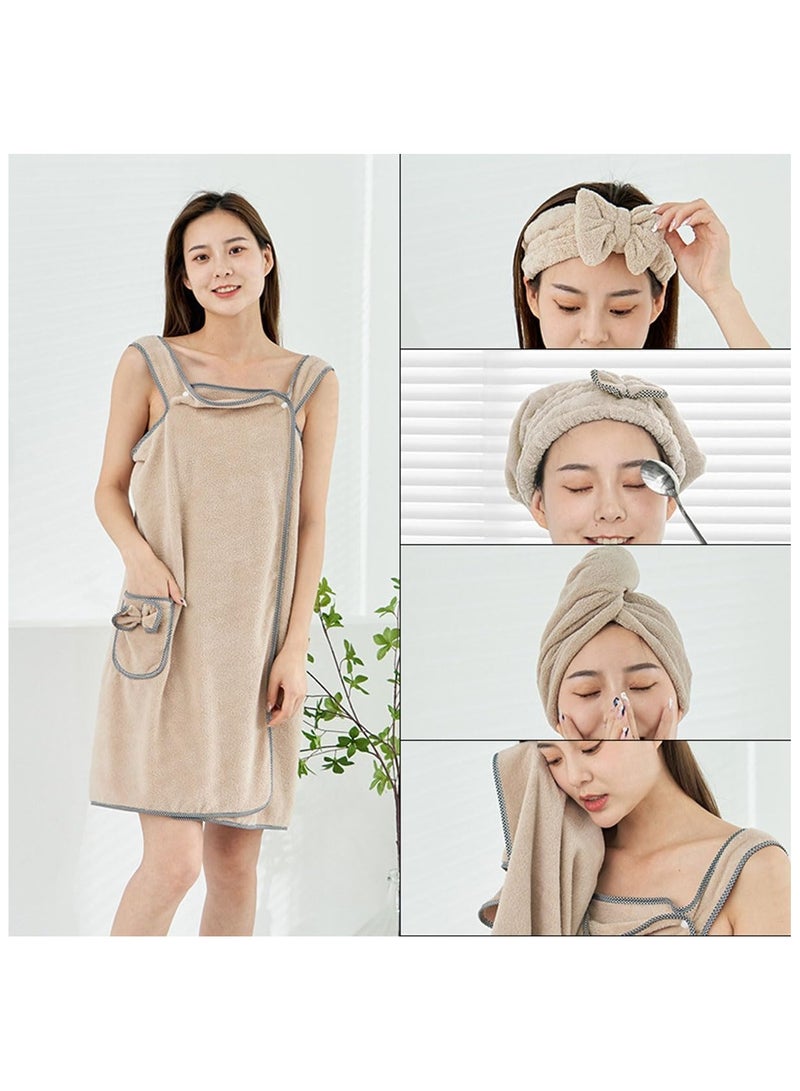 Soofam Wearable Bath Towel,Set of 5,Wrap Cozy Coral Fleece Highly Water Absorbent, Can Wear Adult Sling Bath Skirt,Soft Coral Fleece Bath Towel (Khaki)  - Image 2