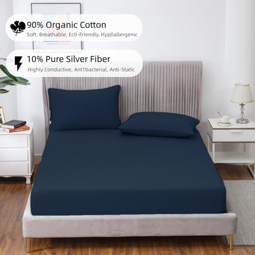 JIUMIWA Grounding Sheet King Size with 15ft Cord, 90% Organic Cotton + 10% Silver Fiber, Conductive Earthing Bed Sheets for Better Sleep and Wellness (Dark Blue, King - 76"x80"x13") - Image 2