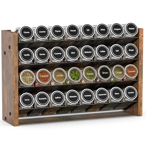NESAPTO Spice Rack Organizer for Cabinet, Wood 4-Tier Vertical Seasoning Organizer, Wall Mount or Countertop Spice Shelf, Holds 32 Jars (No Jars Included), 15.7" W x 9.4" H - Image 1