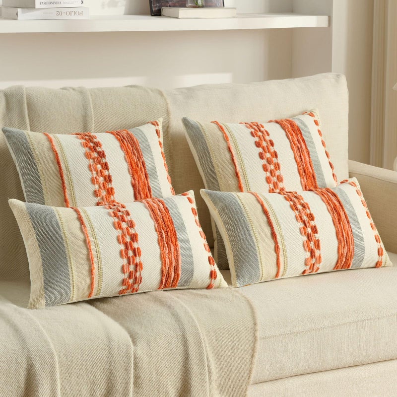 FUTEI Orange Decorative Throw Pillow Covers 18x18 Inch Set of 2, Soft Tufted Striped Textured Accent Cushion Case,Boho Pillows for Couch Decor - Image 5