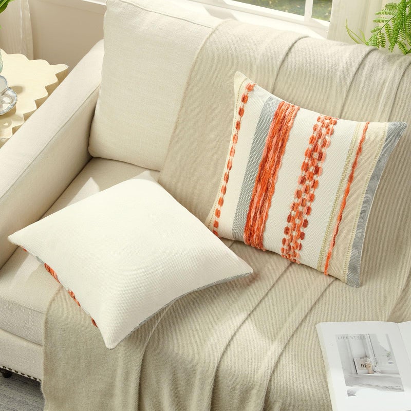 FUTEI Orange Decorative Throw Pillow Covers 18x18 Inch Set of 2, Soft Tufted Striped Textured Accent Cushion Case,Boho Pillows for Couch Decor - Image 4