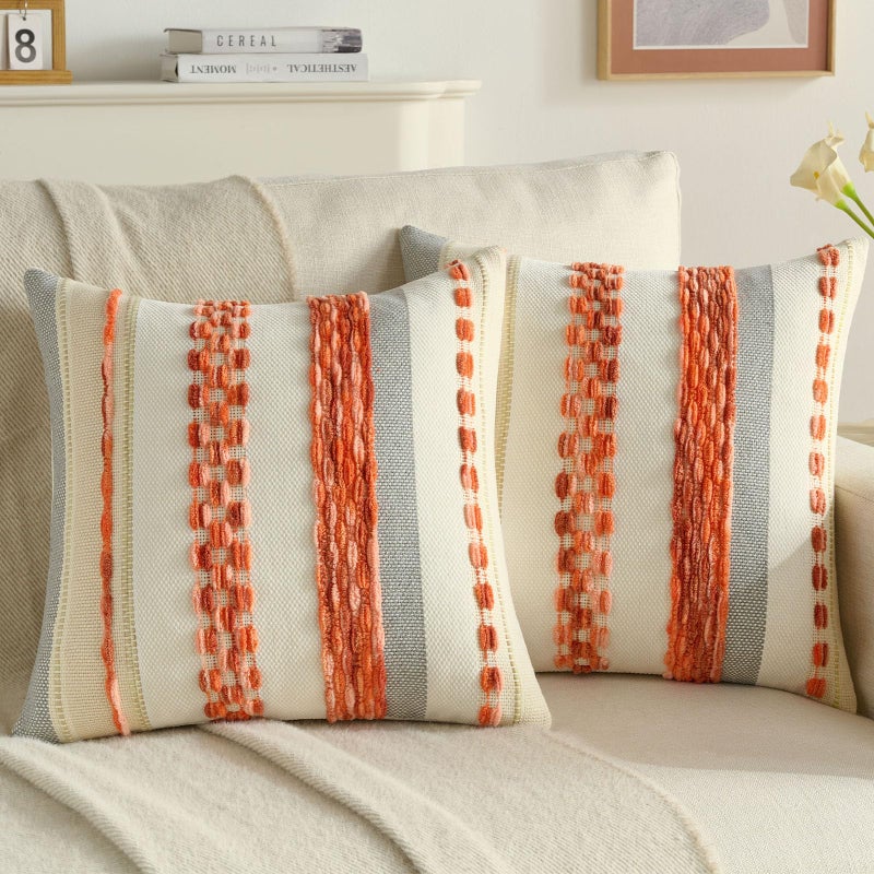 FUTEI Orange Decorative Throw Pillow Covers 18x18 Inch Set of 2, Soft Tufted Striped Textured Accent Cushion Case,Boho Pillows for Couch Decor - Image 1