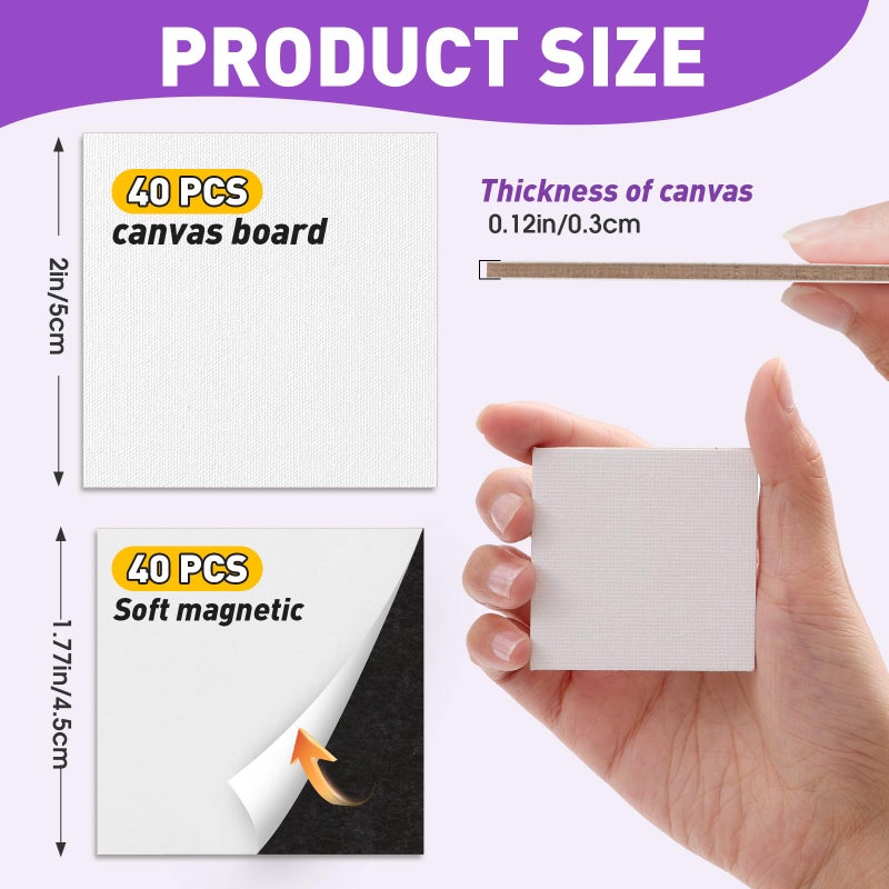 ESRICH 40 Pack 2x2IN Mini Magnetic Canvas Panels, Small Canvases for Painting for Oil, Watercolor, Acrylic Painting & DIY Crafts with 40PCS 2x2IN Square Flat Canvas Boards, 40PCS Soft Magnets - Image 2