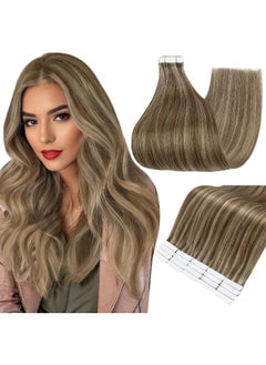 Fshine Full Shine Tape In Hair Extensions 20 Inch Hair Extensions Tape In Color 4 Medium Brown Highlight With 27 Honey Blonde Tape In Extensions Invisible 50Gram Human Hair Tape In Extensions For Party 20Pcs  - Image 1