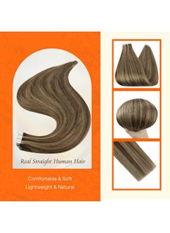 Fshine Full Shine Tape In Hair Extensions 20 Inch Hair Extensions Tape In Color 4 Medium Brown Highlight With 27 Honey Blonde Tape In Extensions Invisible 50Gram Human Hair Tape In Extensions For Party 20Pcs  - Image 2