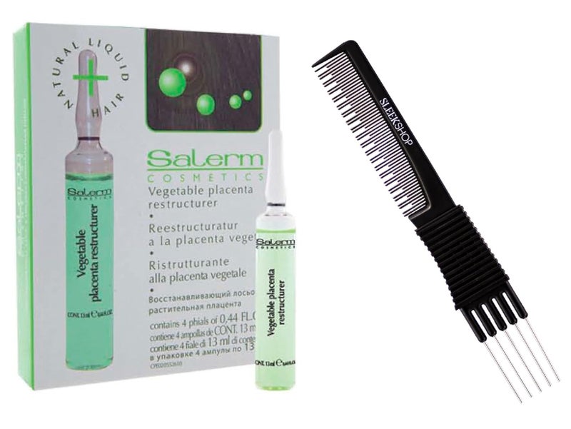 Salerm Cosmetics Vegetable Placenta Restructurer, Strengthens Hair, Prevents Thinning & Hair Loss, Contains Keratin (w/Sleek Teasing Comb) (4 Phials of 0.44 oz (PACK OF 1))