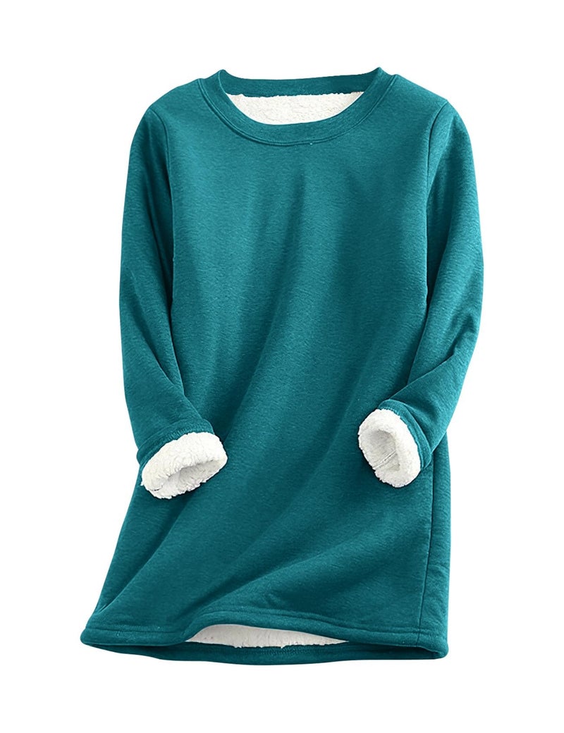 PEHMEA Women's Winter Warm Sherpa Lined Fleece Sweatshirt Crewneck Sport Pullover Loungewear Tops(Peacock Green-L) - Image 1