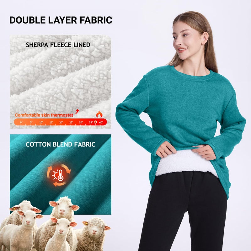 PEHMEA Women's Winter Warm Sherpa Lined Fleece Sweatshirt Crewneck Sport Pullover Loungewear Tops(Peacock Green-L) - Image 3