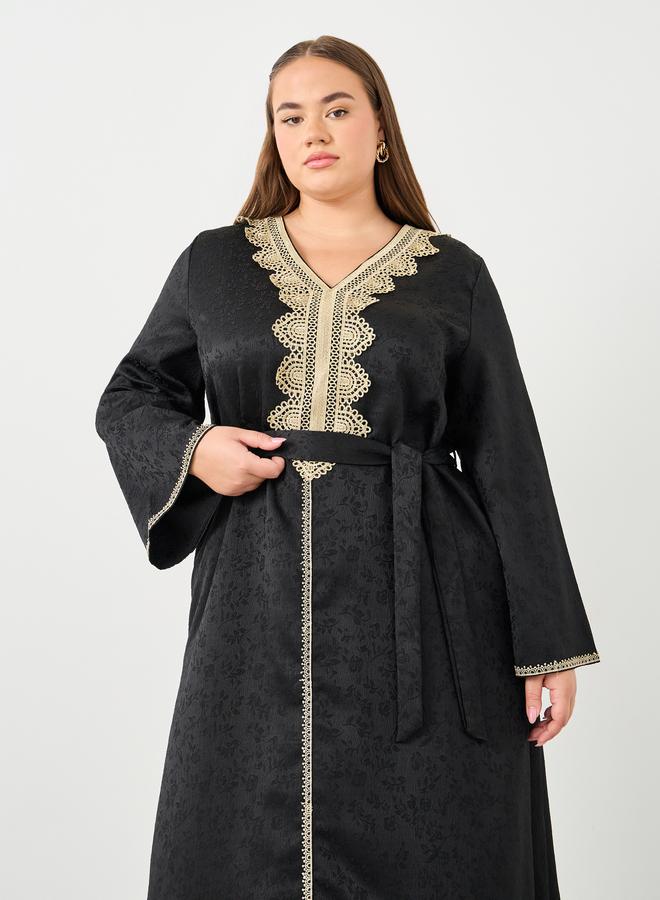 Styli Plus Jacquard Jalabiya with Tie Belt - Image 3