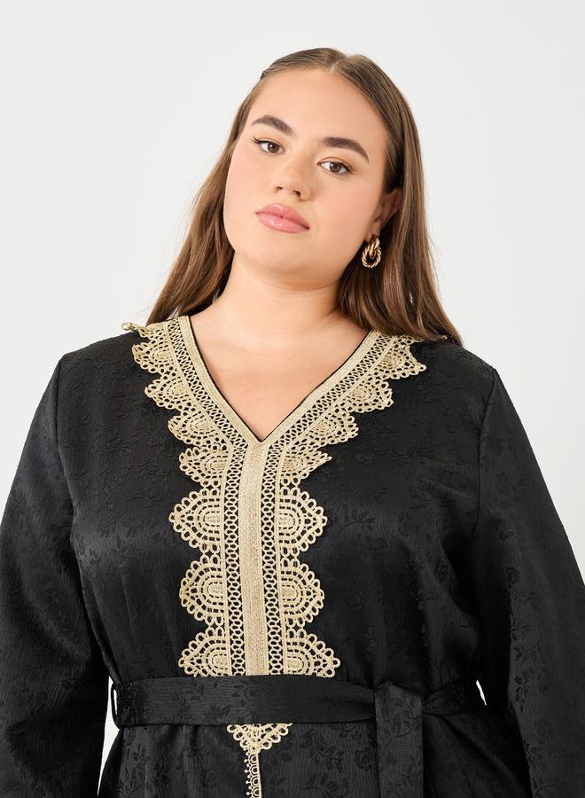 Styli Plus Jacquard Jalabiya with Tie Belt - Image 4