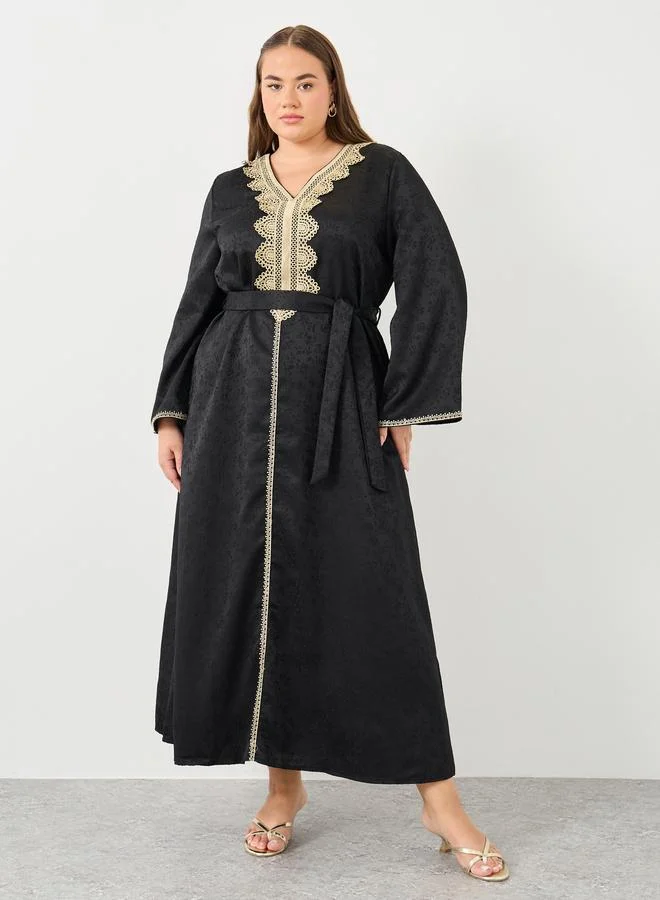 ستايلي Styli Plus Jacquard Jalabiya with Tie Belt