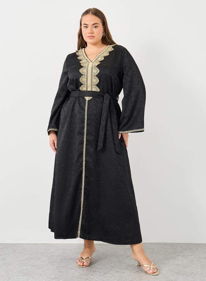 Styli Plus Jacquard Jalabiya with Tie Belt - Image 2