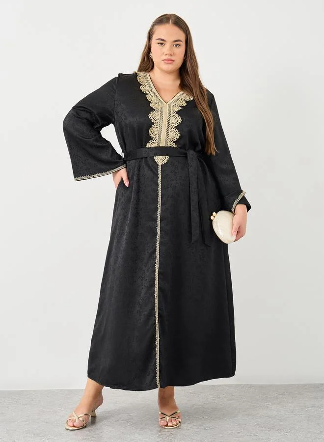 ستايلي Styli Plus Jacquard Jalabiya with Tie Belt