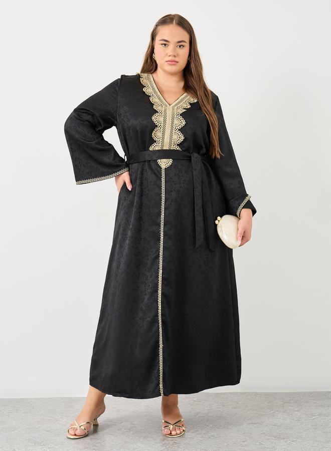 Styli Plus Jacquard Jalabiya with Tie Belt - Image 1