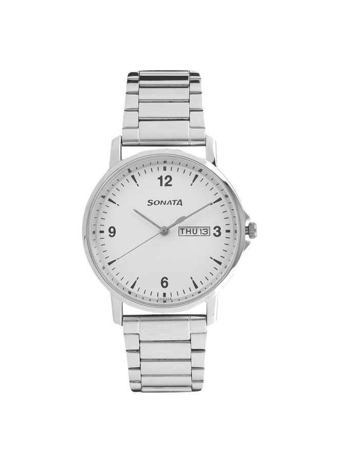 Sonata Quartz Analog with Day and Date White Dial Stainless Steel Strap Watch for Men - Image 1
