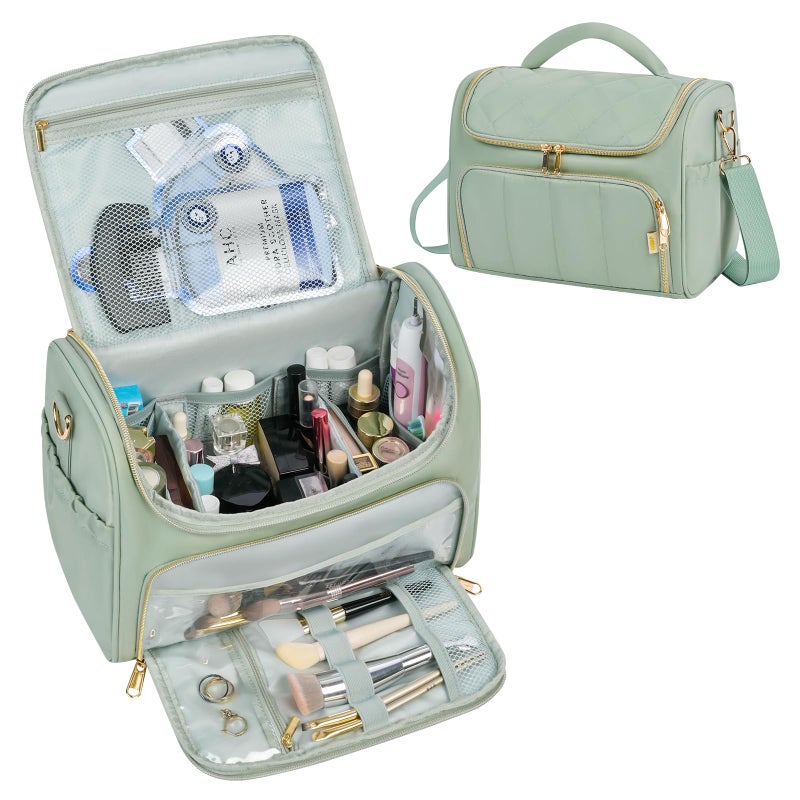 GR69N Travel Toiletry Bag Large Cosmetic Makeup Bag Organizer for Women,Wide-open Make Up Bag Waterproof Makeup Case Travel Bag with Handle and Dividers for Toiletries,Essentials,Accessories,Green - Image 1