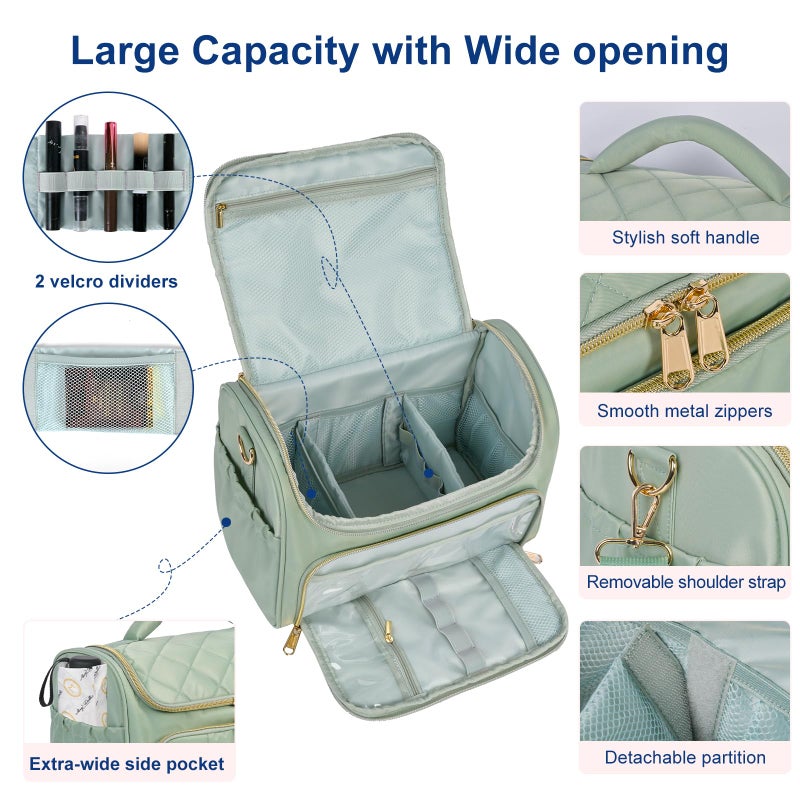GR69N Travel Toiletry Bag Large Cosmetic Makeup Bag Organizer for Women,Wide-open Make Up Bag Waterproof Makeup Case Travel Bag with Handle and Dividers for Toiletries,Essentials,Accessories,Green - Image 2