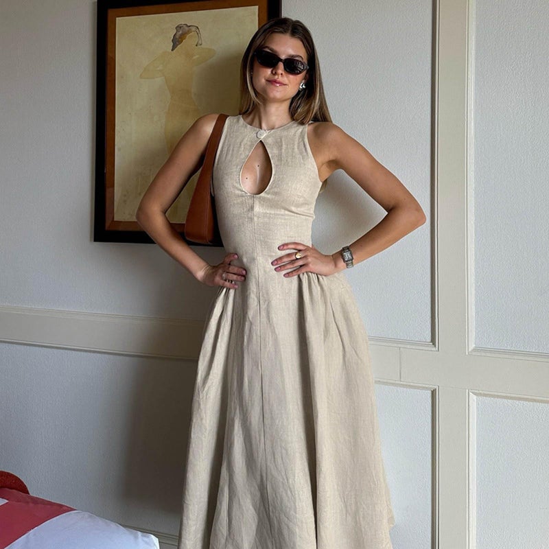 MEOKIM Women's Side Pleated Sleeveless Medium Length Linen Single Button Tight Corset Hollowed Out MIDI Dress (Khaki,Large) - Image 2