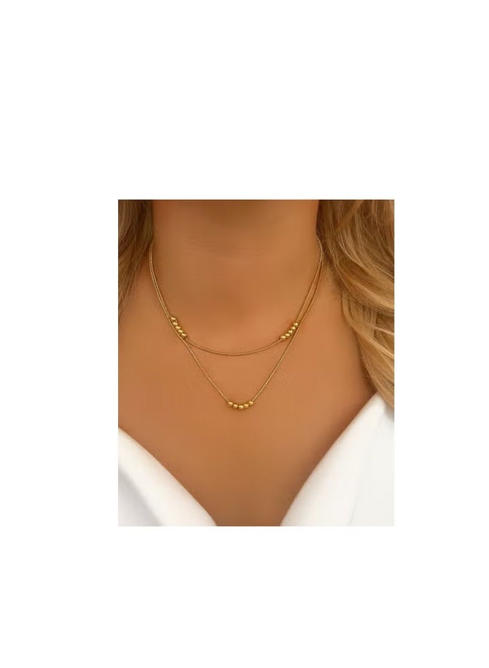 Luxuria Stainless Steel Multi Beaded Round Snake Chain Necklace 18K for Women - Image 1