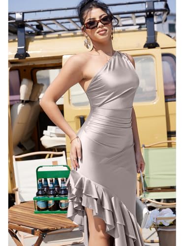 LAGSHIAN Women's Elegant One Shoulder Ruched Asymmetric Ruffle Satin Cocktail Party Maxi Dress Shallow Apricot - Image 4