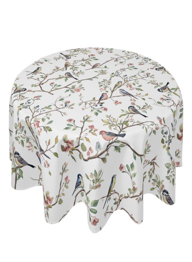 Aytipun Spring Round Tablecloth 70 Inch, Watercolor Floral Birds Summer Farmhouse Washable Polyester Table Cover for Indoor Kitchen Party Dinner Decor, Green Pink White - Image 1