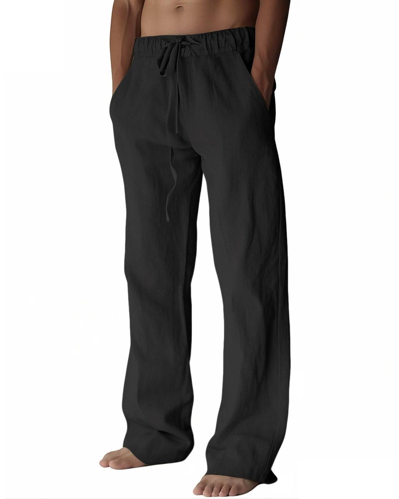 PIDOGYM Mens Cotton Linen Pants, Summer Beach Pants Casual Loose Fit with Elastic Waist Drawstring Black - Image 1