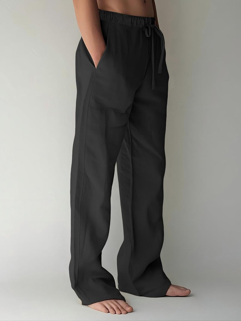 PIDOGYM Mens Cotton Linen Pants, Summer Beach Pants Casual Loose Fit with Elastic Waist Drawstring Black - Image 2