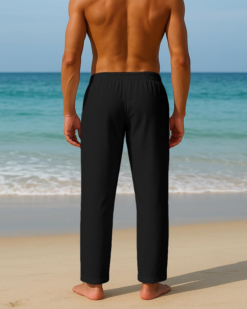 PIDOGYM Mens Cotton Linen Pants, Summer Beach Pants Casual Loose Fit with Elastic Waist Drawstring Black - Image 5