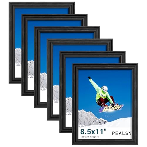 PEALSN 8.5 by 11 Picture Frame Set of 6, Display Pictures 6 x 8 with Mat or 8.5 x 11 without Mat, Wall Gallery Photo Frames for Wall Mounting or Tabletop Display, Black Woodgrain - Image 1