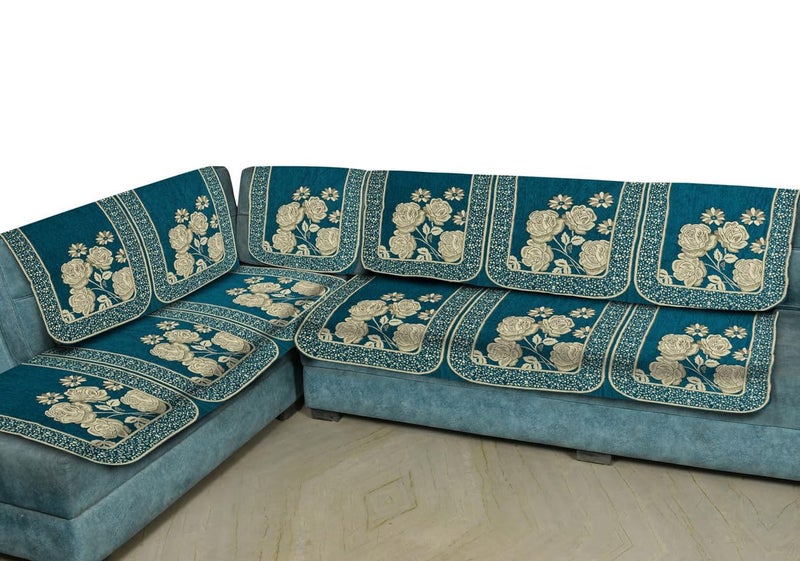 Dazzling DECOR Soft Velvet L Shape 7 Seater Flower Design Sofa Cover | Anti-Slip Sofa Protector Covers | Slipcovers for Living Room, Home Decor - Sky Blue - Image 2