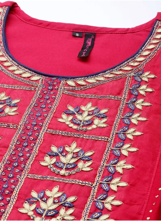 آي شين Women Coral Red Ethnic Motifs Embroidered Gotta Patti Kurta With Trousers & Dupatta