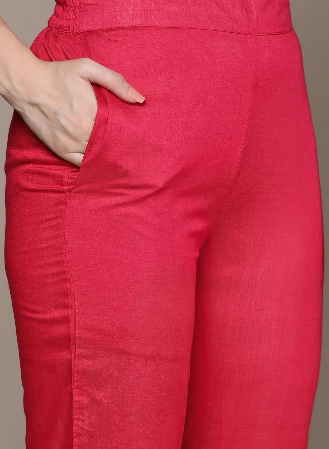 ISHIN Women's Pink 100% Cotton Embroidered Straight Fit Kurta Set