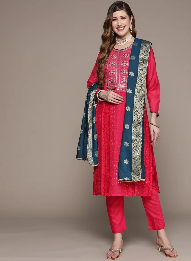 ISHIN Women's Pink 100% Cotton Embroidered Straight Fit Kurta Set