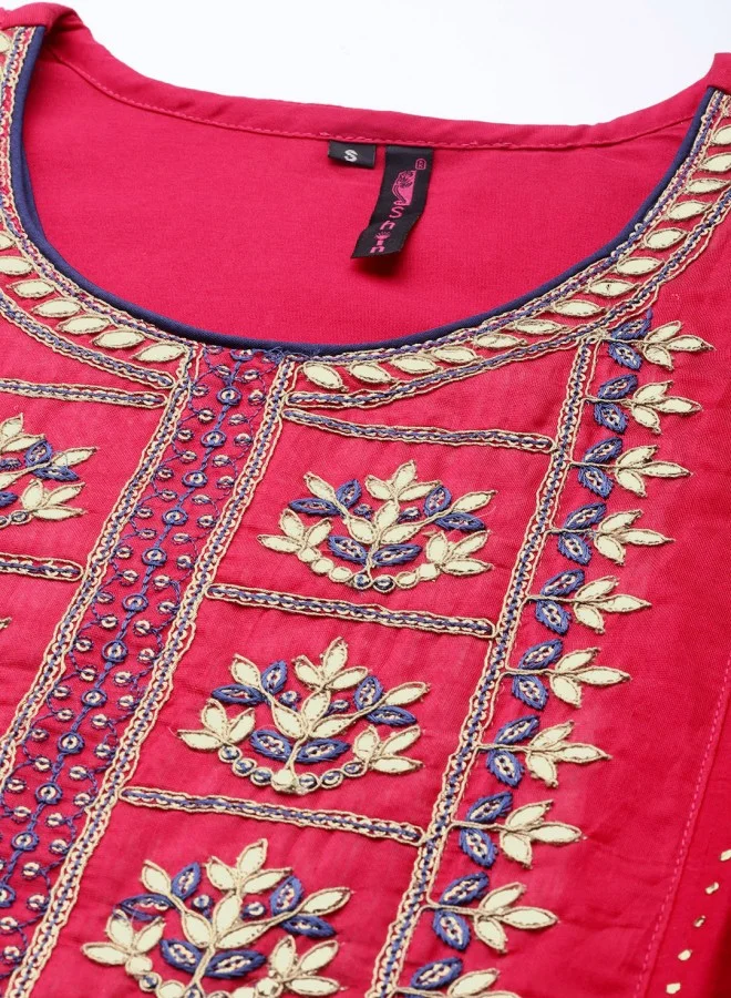 ISHIN Women's Pink 100% Cotton Embroidered Straight Fit Kurta Set