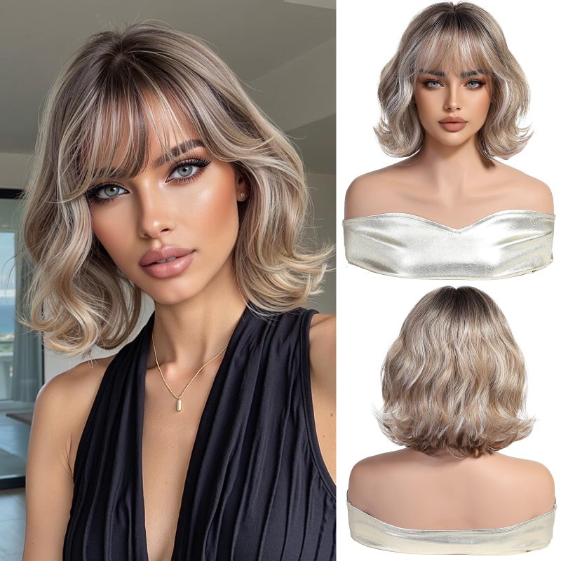 OUFEI Ombre Blonde Short Wavy Bob Wigs for Women with Bangs Natural Curly Synthetic Hair Heat Resistant Wigs for Daily Party Cosplay Wear - Image 2