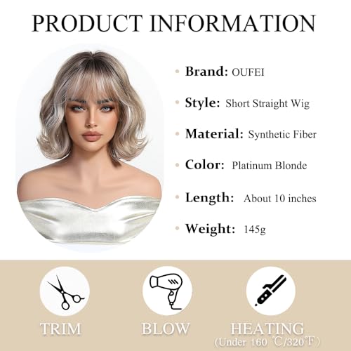 OUFEI Ombre Blonde Short Wavy Bob Wigs for Women with Bangs Natural Curly Synthetic Hair Heat Resistant Wigs for Daily Party Cosplay Wear - Image 3