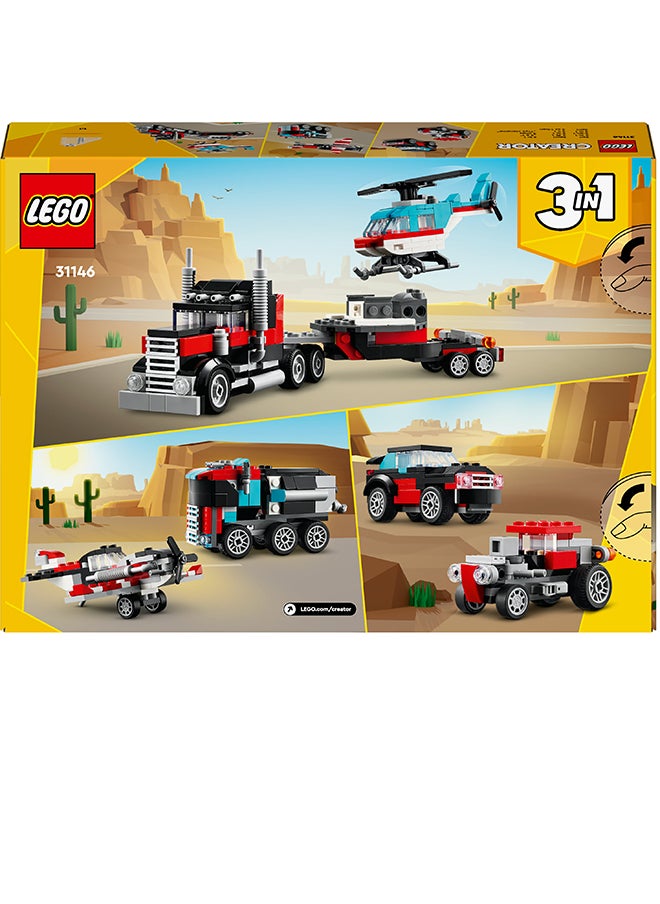 LEGO - 31146 مبدع شاحنة مسطحة 3 في 1 مع طائرة هليكوبتر إلى طائرة مروحية ومركبة وقود إلى سيارة رود ساخنة وسيارة SUV، فكرة هدية للصبية والفتيات الذين تتراوح أعمارهم بين 7 سنوات وما فوق - Image 1