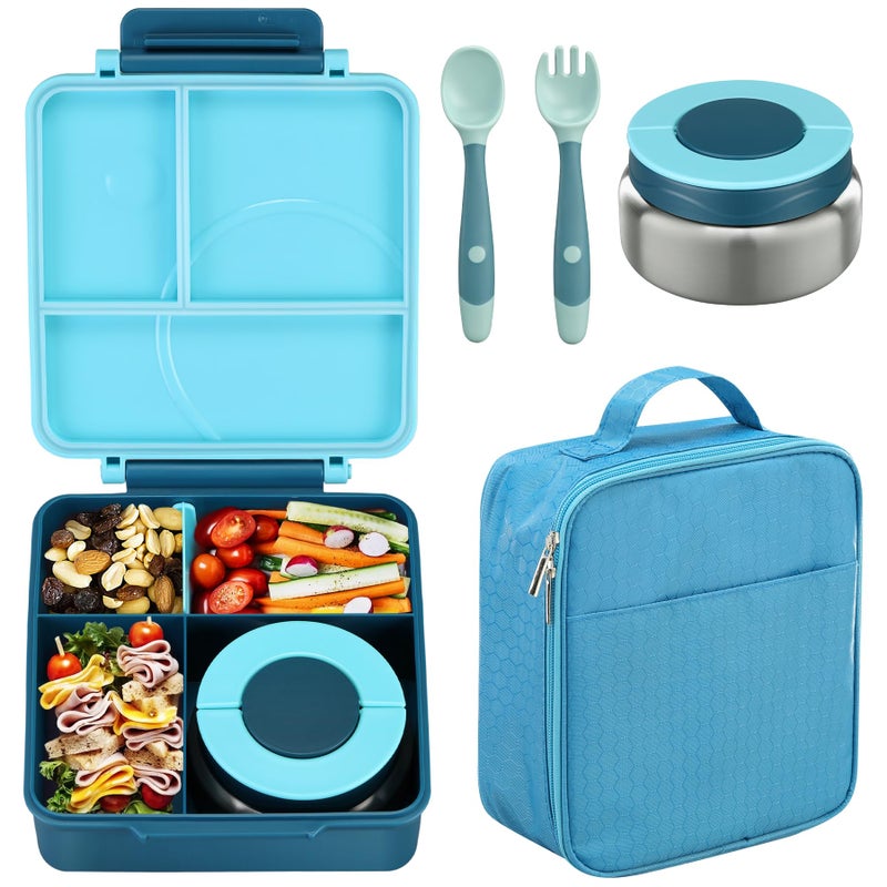 Bento Lunch Box Set for Kids with 8oz Soup Thermo LeakProof Lunch Containers with 4 Compartment Kids Thermo Hot Food Jar and Insulated Lunch Bag for Kid to SchoolBlue