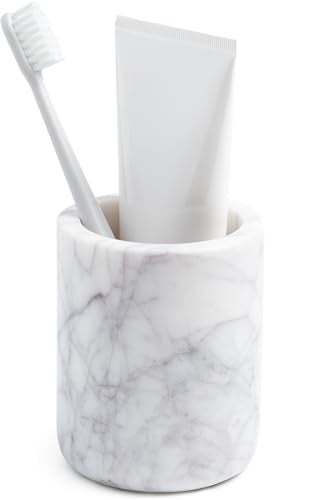 Cork & Mill Cork Mill Marble Toothbrush Holder Cup for Bathroom Real White Marble Stone Bathroom Accessory Aesthetic Decorative Countertop Organizer for Tooth Brush Toothpaste - Image 1
